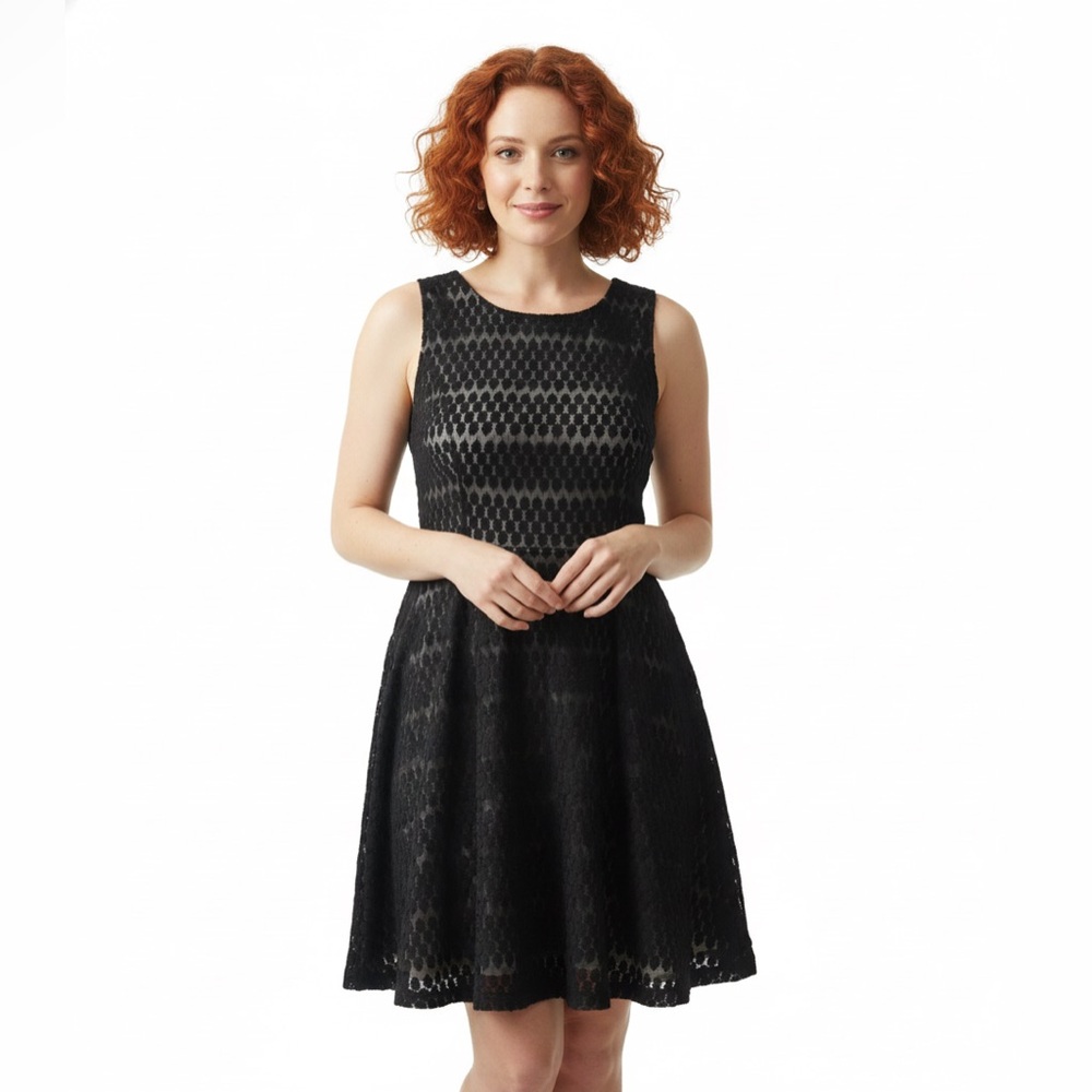 Lily Rose Women's Mini Dress Scoop Neck Sleeveless Black Lace Fit & Flare Size L
